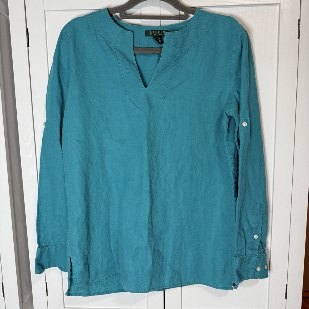 Lauren Ralph Lauren 100% Linen Split Neck Tunic Top Teal Blue Women's Medium